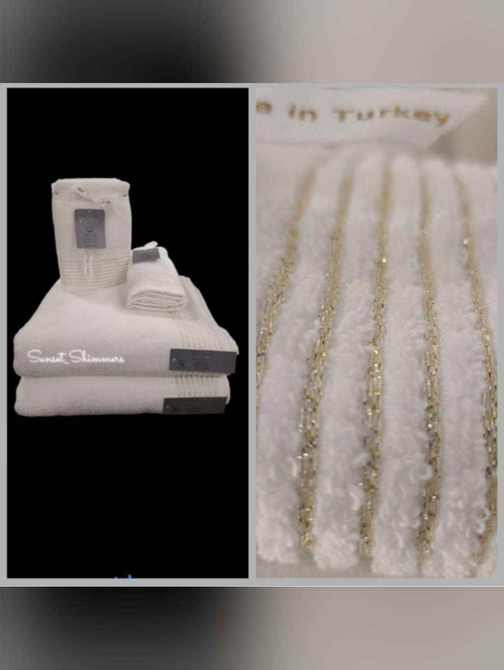 6pc Deco 100% Turkish Cotton White Gold Shimmer Bath Hand Tip Towel Set New